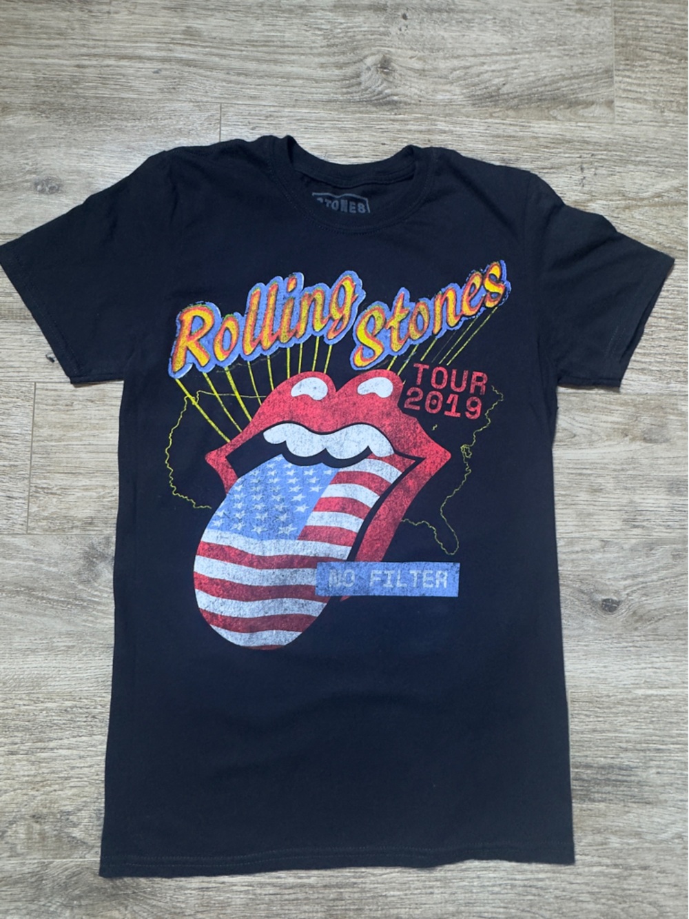 the Rolling Stones Black Tee with Red/White/Blue Graphic
